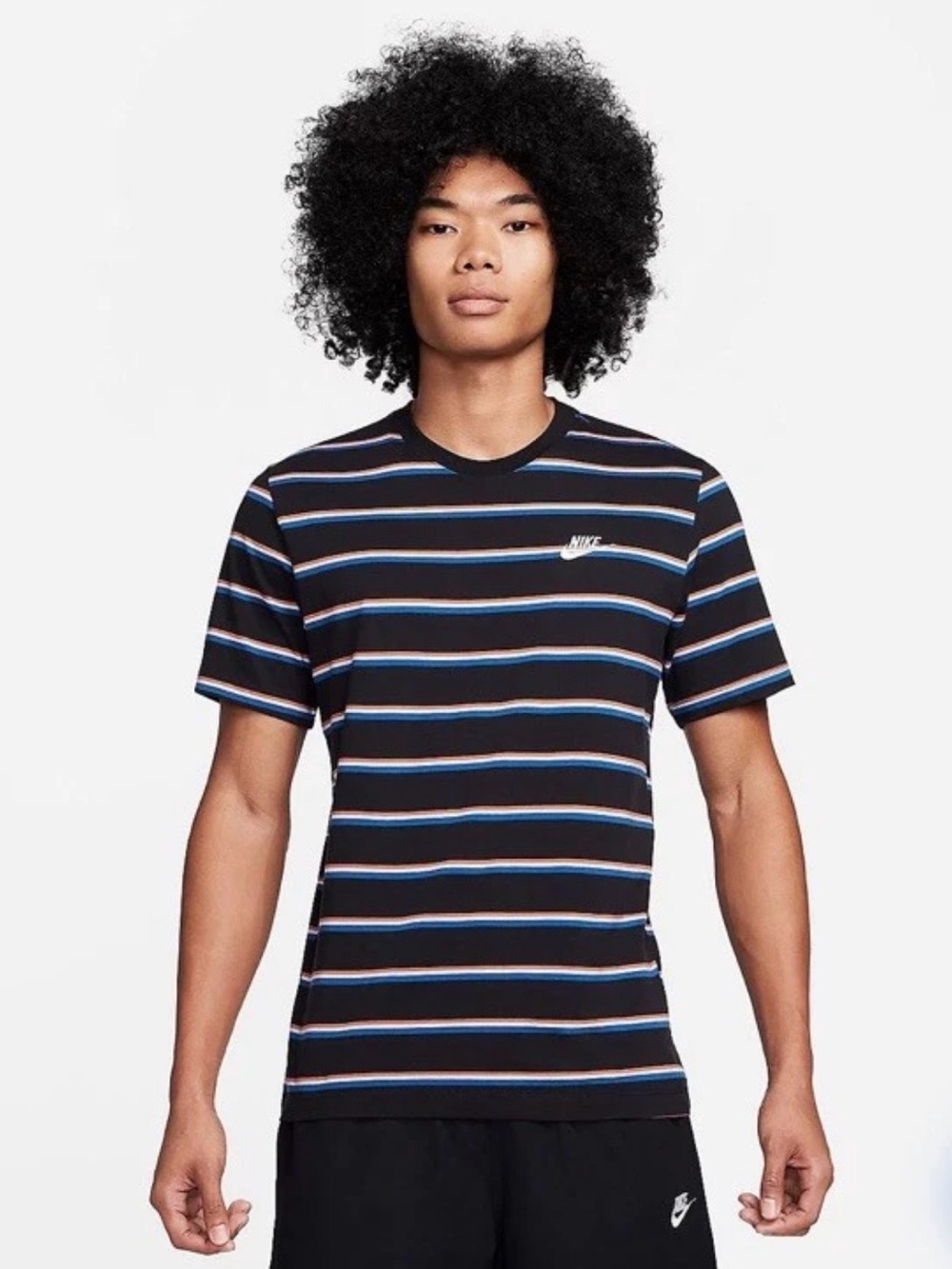 Nike Sportswear Club Stripe Short Sleeve Crew T-Shirt Black Embroidered Logo